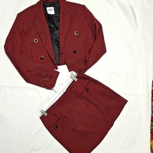 ZARA Houndstooth Cropped Blazer Red Plaid Set